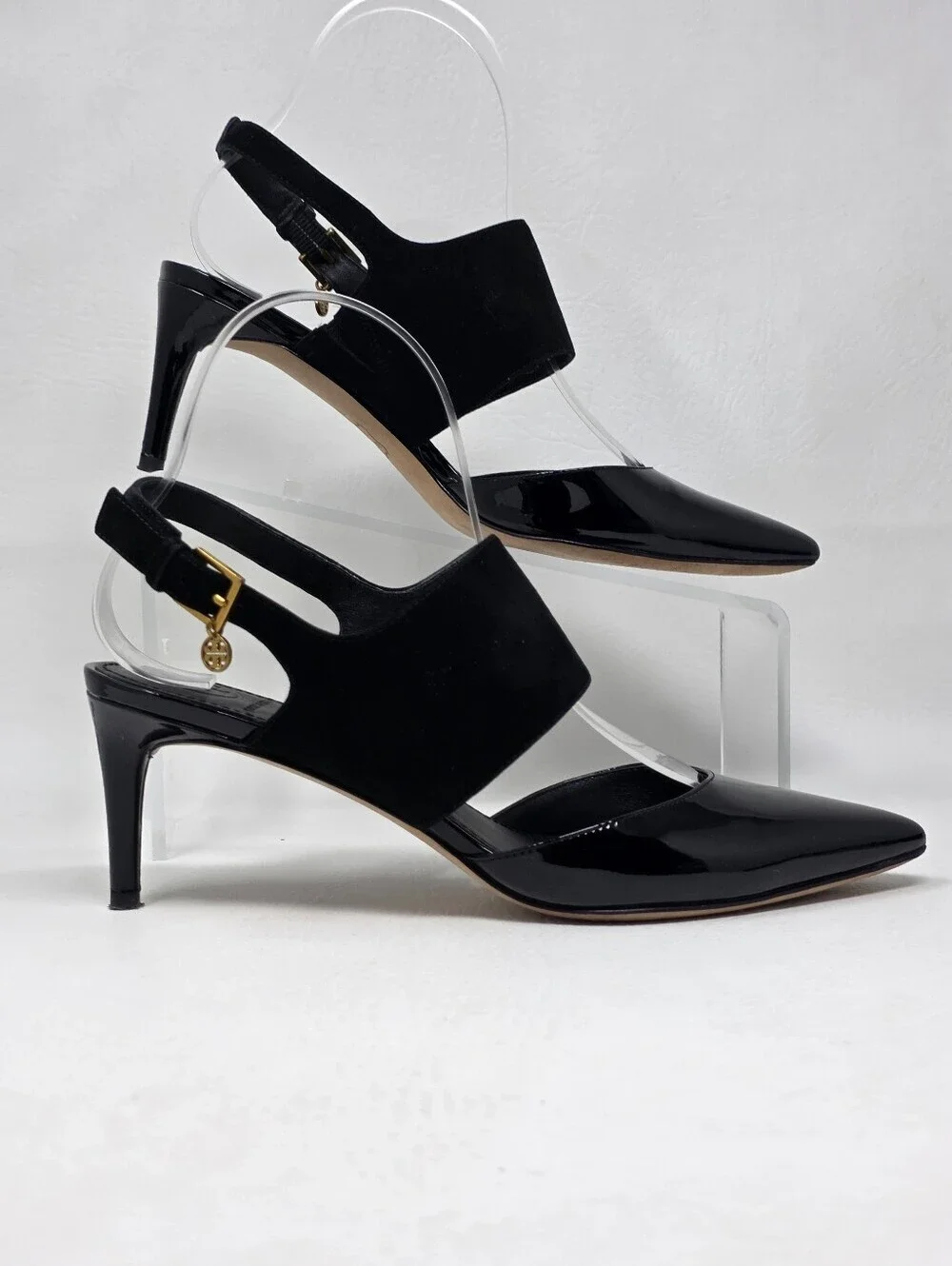 Tory Burch Slingback Pumps Women 7M Black Good Patent Suede Mixed Media Heel